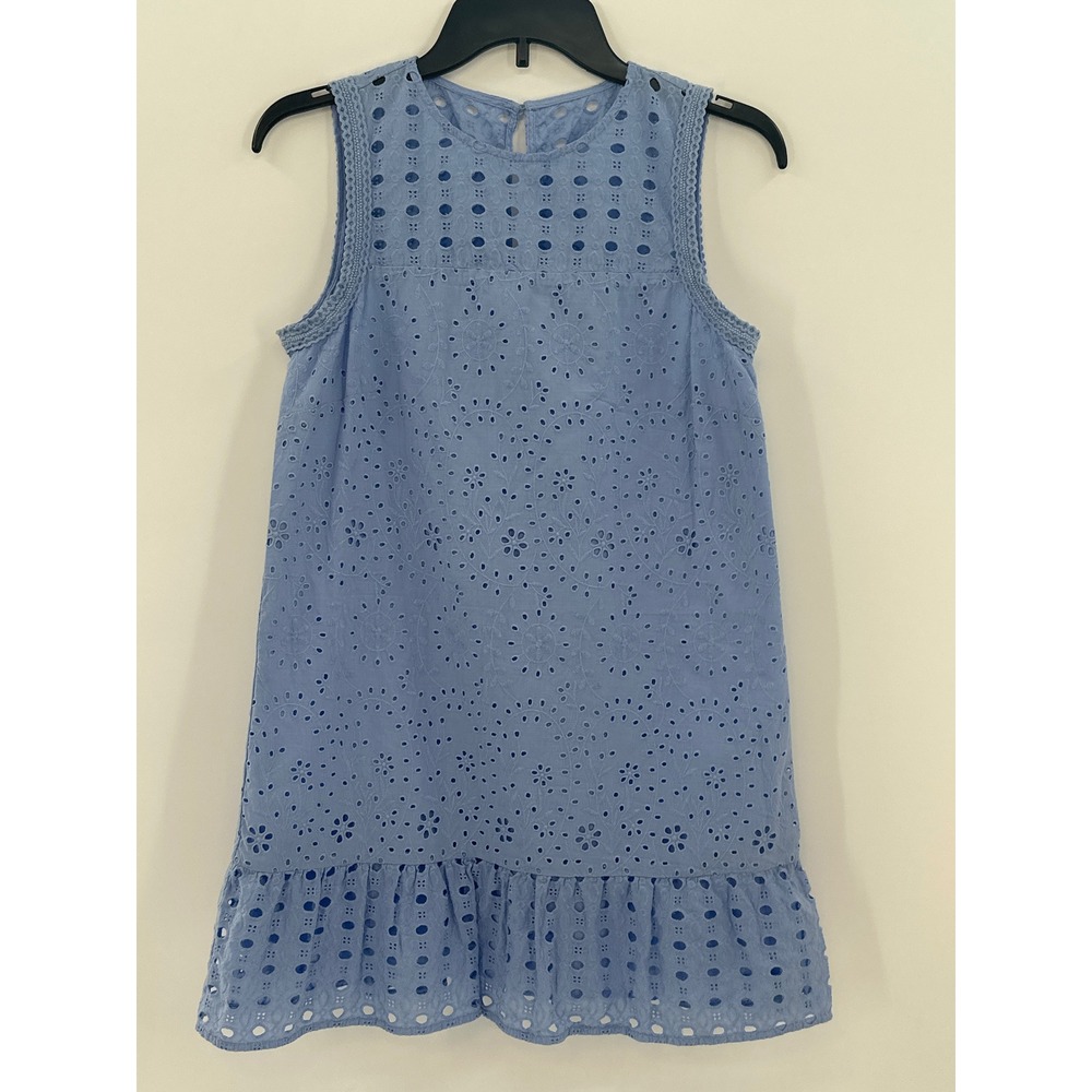 LOFT Petites Blue Eyelet Sleeveless Ruffle‎ Hem Shift Dress 4P